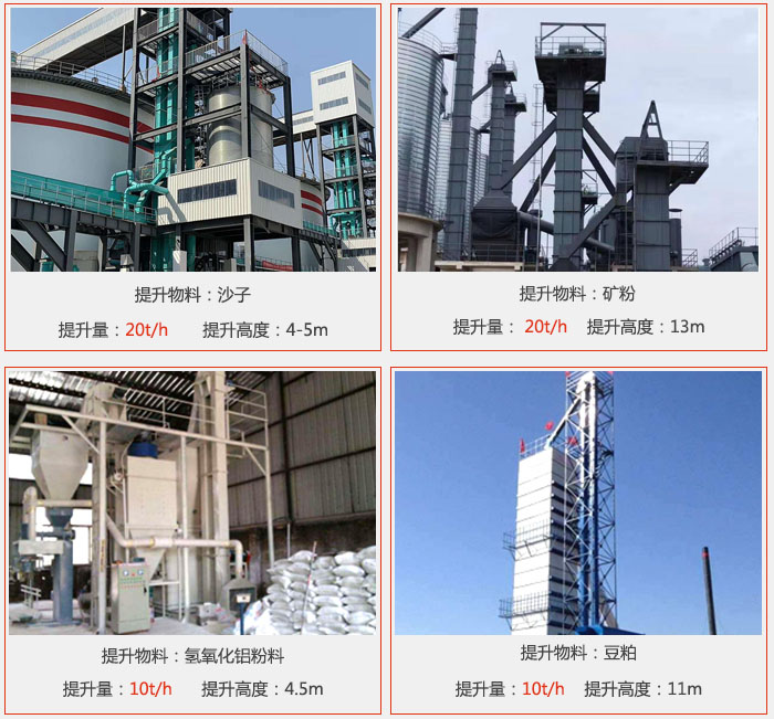 鬥式提升機用戶使用現場圖片：提升沙子提升量：20t/h提升高度：4-5m提升物料：礦粉提升量：20t/h提升高度：13m提升物料：氫氧化鋁粉料 提升量：10t/h提升高度：4-5m提升物料：豆粕提升量：10t/h提升高度：11m